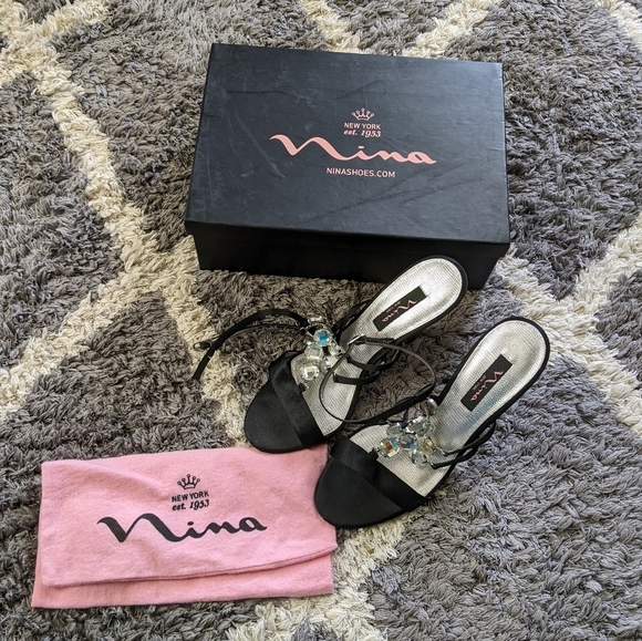 Nina Choda Black Satin Gem Strappy High Heel With Box Women's 9M - Picture 3 of 8